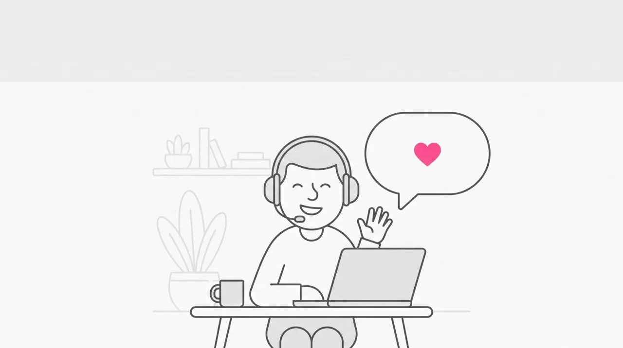Eine Person mit Headset am Schreibtisch winkt. Neben ihrem Kopf schwebt eine Sprechblase mit einem kleinen Herz darin.