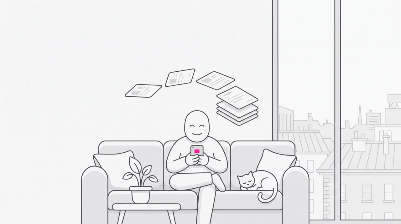 Eine Person sitzt mit dem Handy auf dem Sofa, die Katze schläft daneben. Über ihr schweben lose Papiere und ordnen sich zu einem sauberen Stapel.